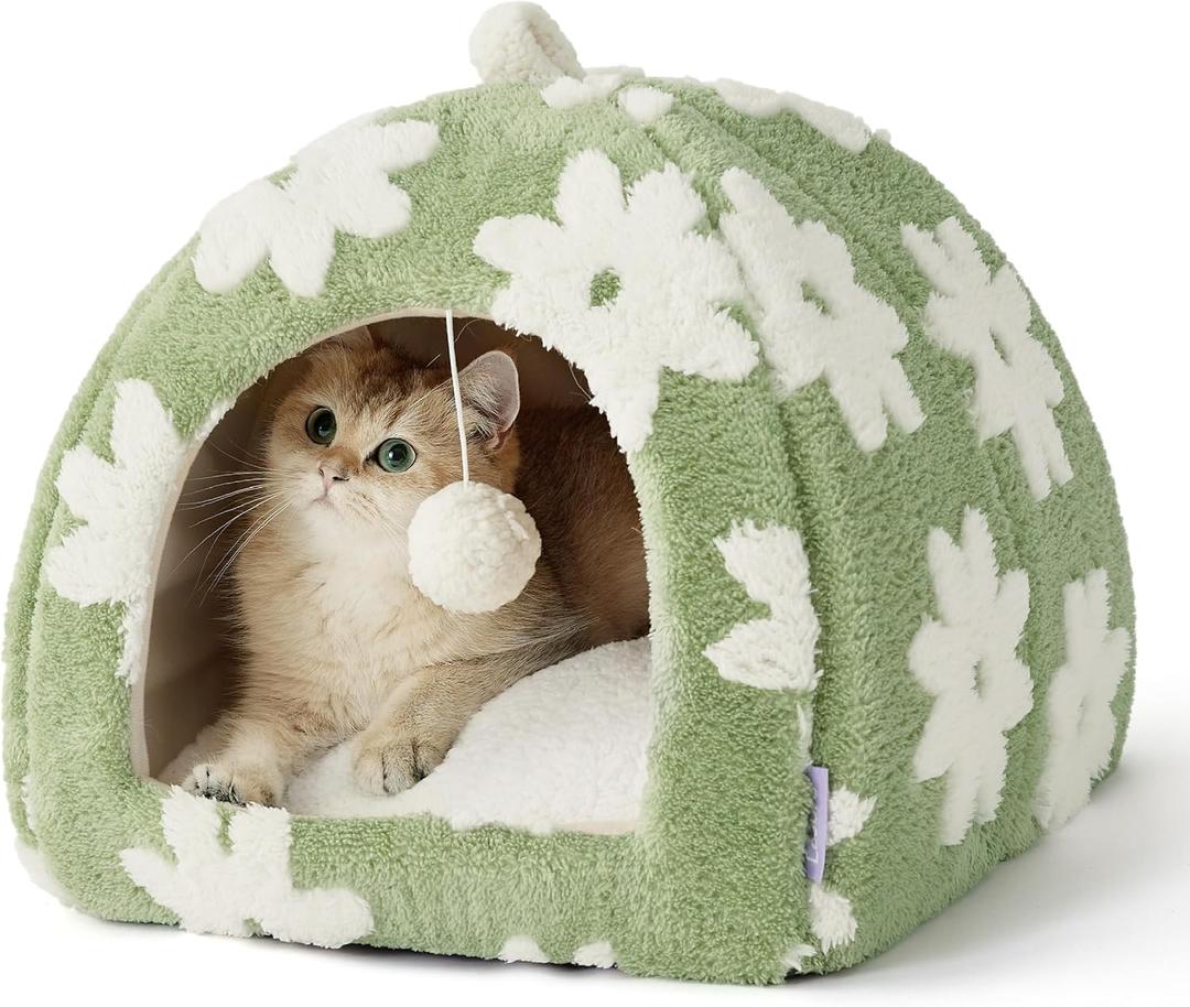 Lesure Cute Cat Beds for Indoor Cats - 2 in 1 Cat Cave Bed for Kittens and Small Pets with Removable Washable Cushioned Pillow, Cozy Ktten Tent with Non-Slip Bottom, Green, 16 inches (Flower Garden Green)