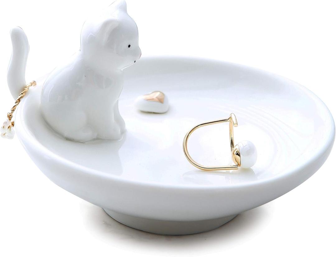 Adorable Cat Ring Holder Jewelry Tower Ceramic Dish Plate Jewel Display Organizer Trinket Tray, Lovely Cat