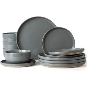 Famiware Milkyway Plates and Bowls Set, 12 Pieces Dinnerware Sets, Dishes Set for 4, Dark Gray