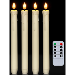 GenSwin Flameless Ivory Taper Candles Flickering with 10-Key Remote, Battery Operated Led Warm 3D Wick Light Window Candles Real Wax Pack of 4, Christmas Home Wedding Decor(0.78 X 9.64 Inch)