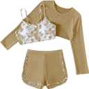 Verdusa Girl's 3 Piece Tie Dye Swimwear Bathing Suit Swimsuits Bikini and Shorts with Cover Up (Brown)