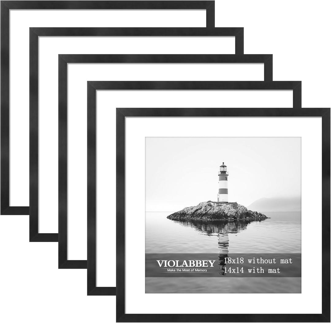 VIOLABBEY 18x18 Frame Set of 5, Black Picture Frames for 14x14 with Mat Spuare Photos Gallery Wall Frame