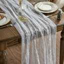 Artoid Mode 3Pcs White Silver Gauze Table Runner 120 Inch 10FT, Glitter Metallic Foil Sheer Dining Wedding Anniversary Holiday Birthday Table Decor for Home Party