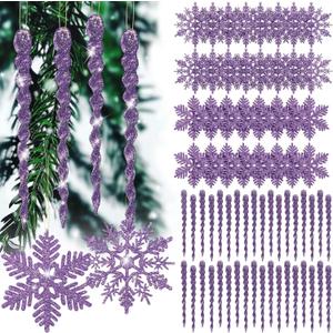 Deekin 72 Pieces Snowflake Icicle Ornaments for Christmas Tree Snowflake Twisted Icicles Glitter Hanging Decorations for Winter Xmas Tree New Year Party Supplies(Light Purple)