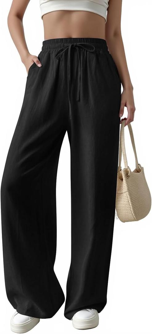 Womens Casual Pants with Adjustable Drawstring Soft Lounge Wide Leg High Waisted Pants for Summer Beach Vacation (Small, Black)