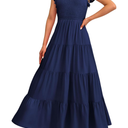 PRETTYGARDEN Women's Summer Flowy Maxi Dress Casual Cap Sleeve V Neck Smocked Beach Sundress Size L, Solid Navy