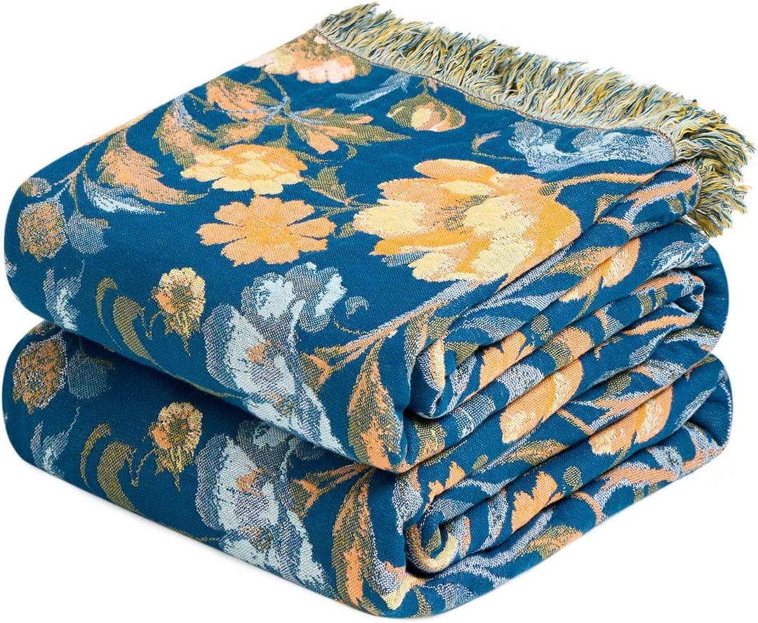 LUTBM Boho Throw Blanket for Couch Sofa Chair Cotton Spring Blankets for Bedroom Living Room All Season Soft Lightweight Reversible Floral Bird Embroidery Decorative Throws 50"x60"