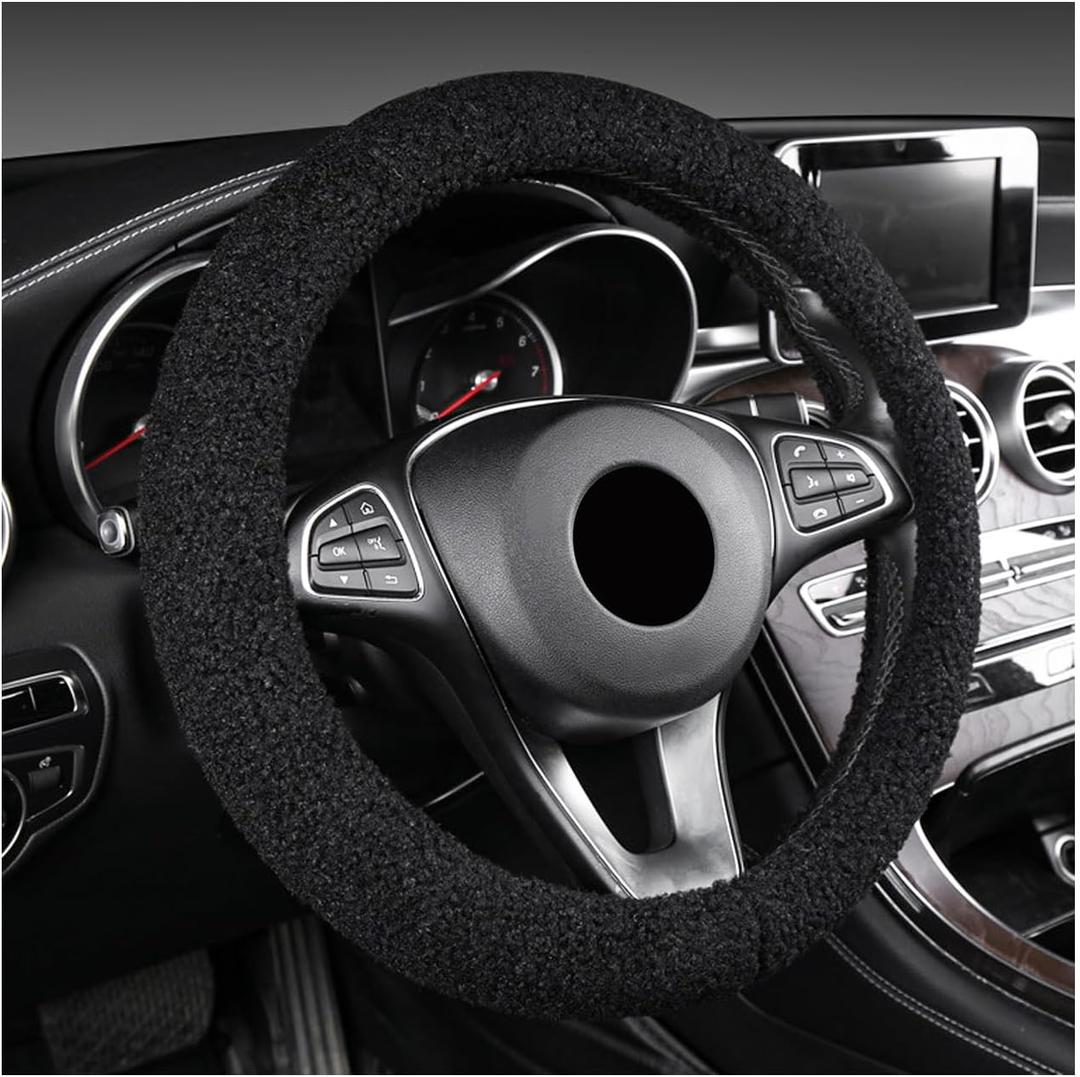 KVAEY Furry Car Steering Wheel Cover, 15.5-16" Fuzzy Fleece Plush Non-Slip Steering Wheel Cover, Warm Winter Decoration (Black)