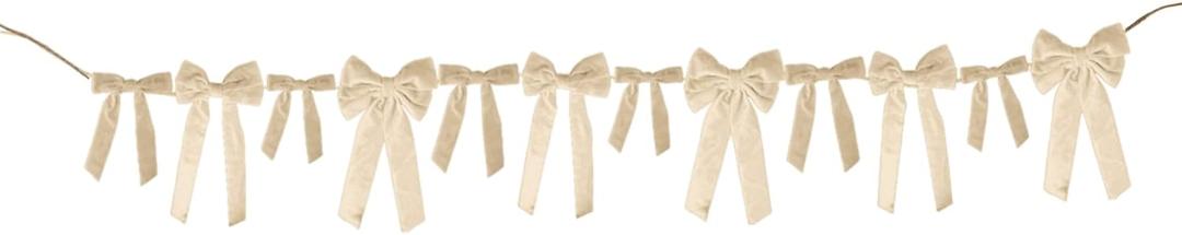 Meseey Christmas Ivory Velvet Bow Garland, 12PCS 5x10 Inch Pre-Made Velvet Bows, 6.56FT Long Christmas Garland with Bows for Christmas Tree, Wreath, Mantle, Holiday Party Home Decorations