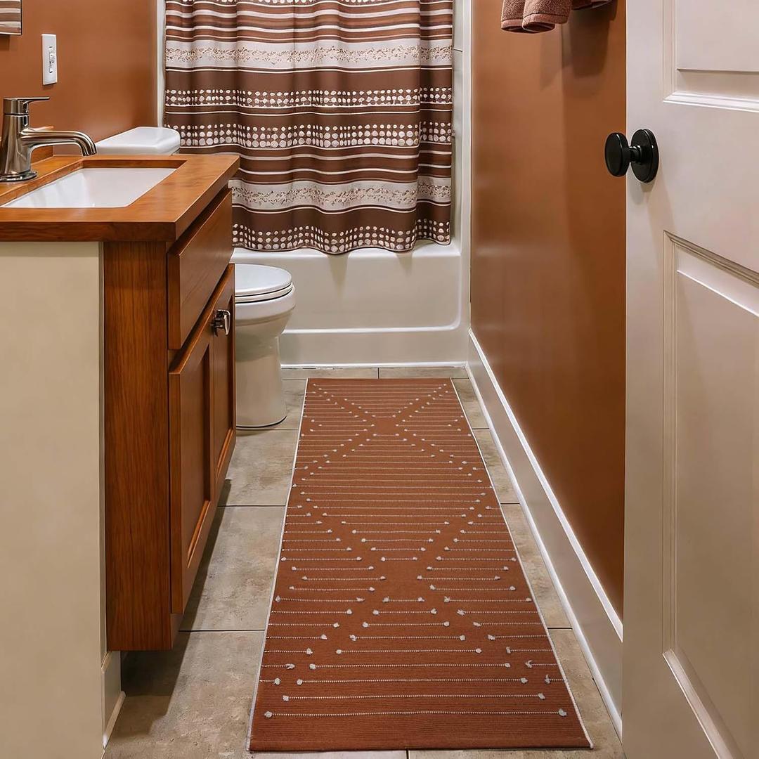 LIVEBOX Boho Burnt Orange Runner Rug 2x6 for Bathroom Kitchen Entryway, Cotton Woven Washable Bedroom Rug Runners, Hallway Laundry Room Decor Throw Rugs