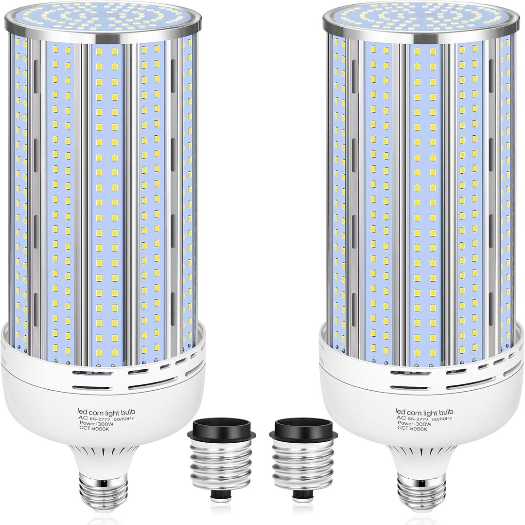2 Pack 300W Corn LED Light Bulb Fanless,5000K Daylight(3000 Watt Equivalent) E26/E39 Large Mogul Base LED Cob Lamp 44,000LM for Outdoor Indoor Garage Warehouse Factory Workshop Street Backyard