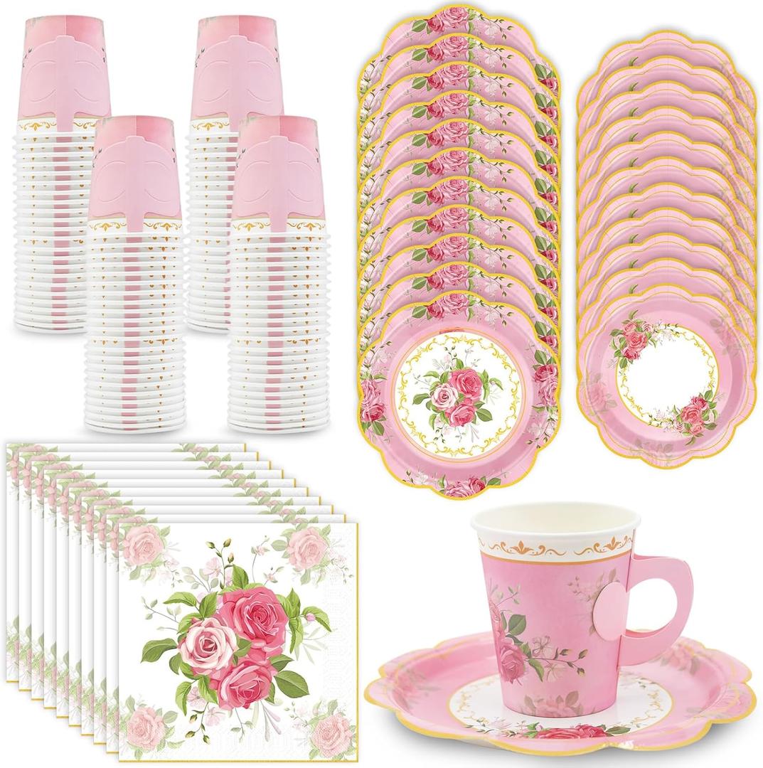 200Pcs Floral Tea Cups and Saucers for Tea Party Supplies, Disposable Tea Cups with Handle and Paper Napkins Dinnerware for Floral Theme Birthday Wedding Bridal Shower Baby ShowerPink
