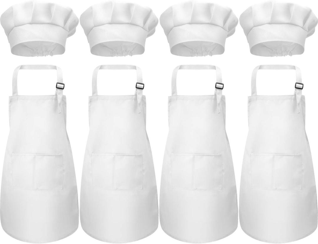 CHENGU 8 Pcs Kids Apron and Chef Hat Set Child Aprons 2 Pocket for Boy Girl Toddler Cooking Painting, Ages 2-13(White, Small)