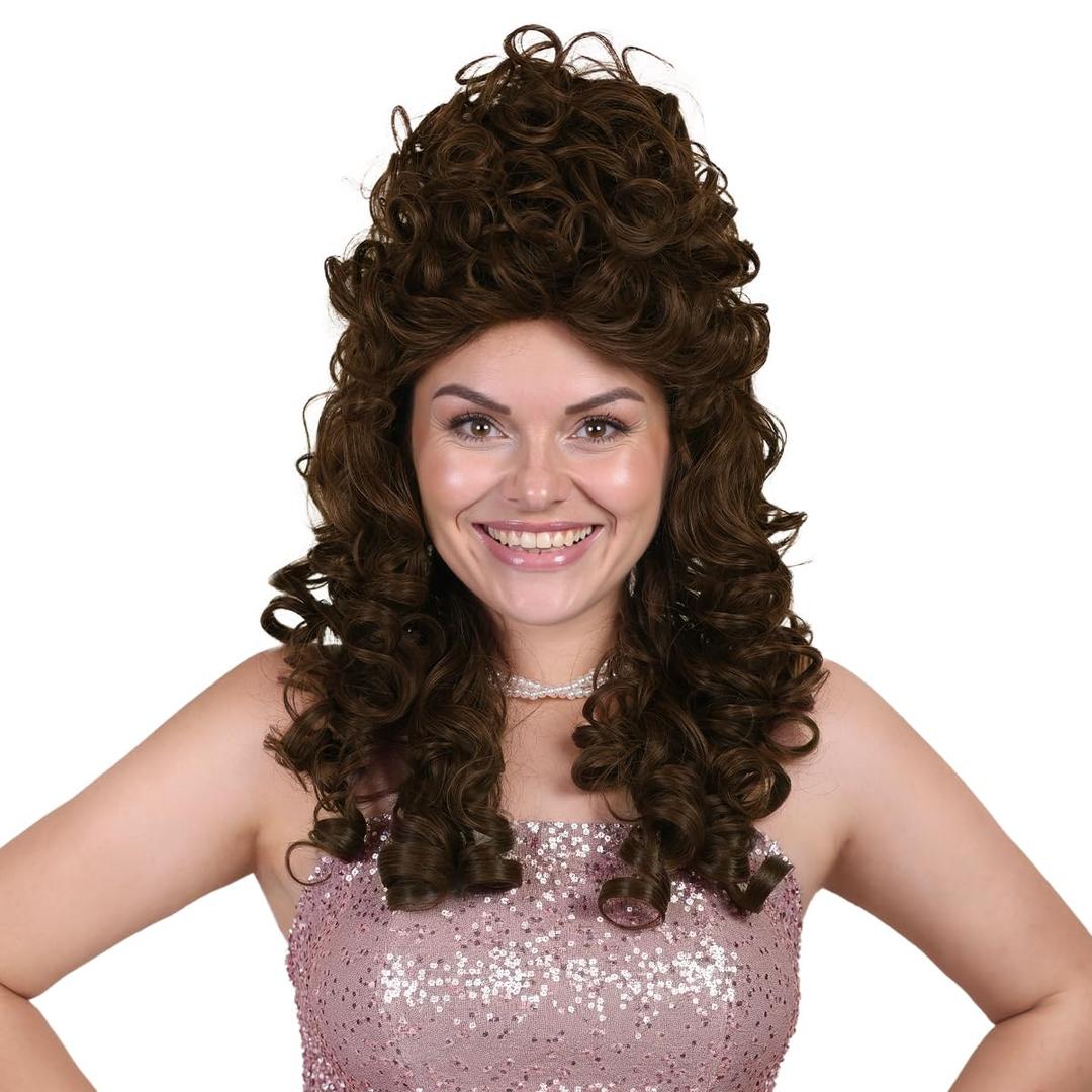 ColorGround Long Curly Fluffy Hair Wig for Women 60 70 80s Beehive Cosplay Wigs for Adults Halloween Costume (Brown)