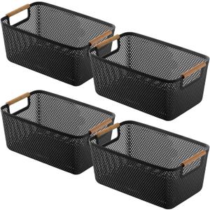 4 Pcs Stackable Wire Baskets, Plastic Storage Baskets with Wooden Handles, Black Storage Bins, Desktop Organizers for Organizing Pantry, Home & Kitchen