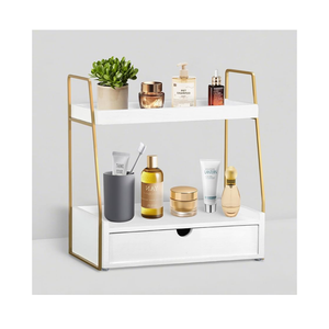 2-Tier Bathroom Organizer Countertop with Drawer, Wood Counter Organizer for Bathroom Decor, Sink Shelf for Vanity Storage, Makeup Tray for Perfume Skincare Bedroom Kitchen Corner