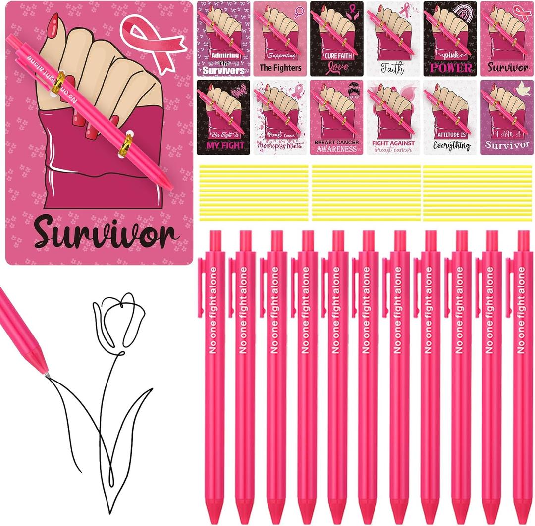 Yexiya 96 Pcs Breast Cancer Awareness Pens with Back Cards Bundle Ties Pink Ribbon Ballpoint Pen Breast Cancer Awareness Accessories for Charity Recognition Public Event Nonprofit, Pink Barrel