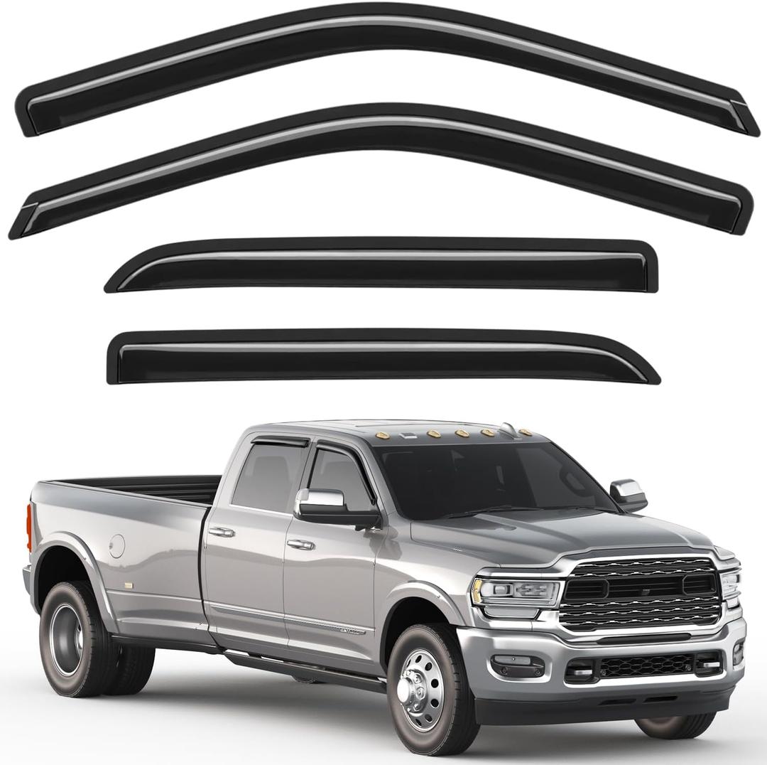 Out-Channel Window Rain Guards Fit for Dodge Ram 1500 2009-2024/2010-2025 Ram 2500 & 3500,Window Visors Vent Visors Vent Shades Wind Deflector Dark Smoke Car Tape-on with Thicker 4PCS