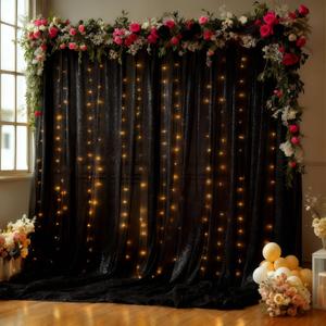10x10FT Black Wrinkle Free Backdrop Curtains with Lights String for Parties - Photo Curtain Backdrop with Lights for Wedding Decorations, Bridal Baby Shower Birthday Party Photography Background (10FTx10FT (W5'xH10', 2 Panels))