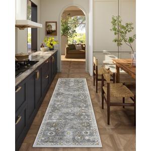 Washable Runners for Hallways Kitchen Rugs: 2'x6' Runner Rug Stain Resistant Non Slip Low Pile Soft Carpet Runners for Hallways Indoor Entryway Kitchen Laundry Room Bedroom Bathroom Farmhouse (Grey)