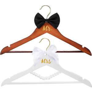2 Pcs Bride Hanger Bride and Groom Wooden Wedding Dress Hanger Set with Bow Tie for Tuxedo Suit Wedding Gift Bridal Party Shower