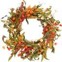 22" Fall Wreaths for Front Door with Pumpkin & Wheat - Thanksgiving Harvest Decor, Farmhouse Outdoor Large Autumn Wreath for Outside/Indoor (Orange)