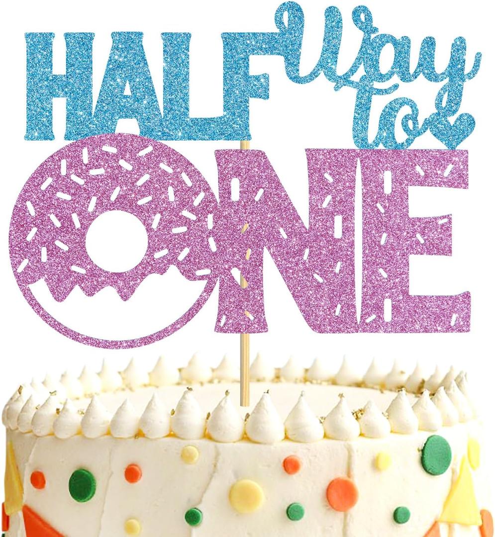 2 x Half Way To One Cake Topper, Doughnut Theme Happy 6 Month/Baby Birthday Cake Decor, Kids Half Year Birthday/Anniversary Party Decorations Supplies