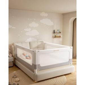 3 Piece Bed Rails for Queen Bed, No-Drill Needed Baby Bed Rail Guard for Toddlers with Height Adjustable, Thickened Child Safety Side Railing Guards/Bedrail for Kids, White/Grey, 60x78.7x78.7in