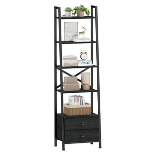 Furologee 5Tier Ladder Shelf with 2 Drawers,Narrow Bookshelf Storage Shelves,Industrial Bookcase Freestanding Rack Units for Bedroom,Living Room,Bathroom,Home Office,Balcony,Wood Metal, Black Oak