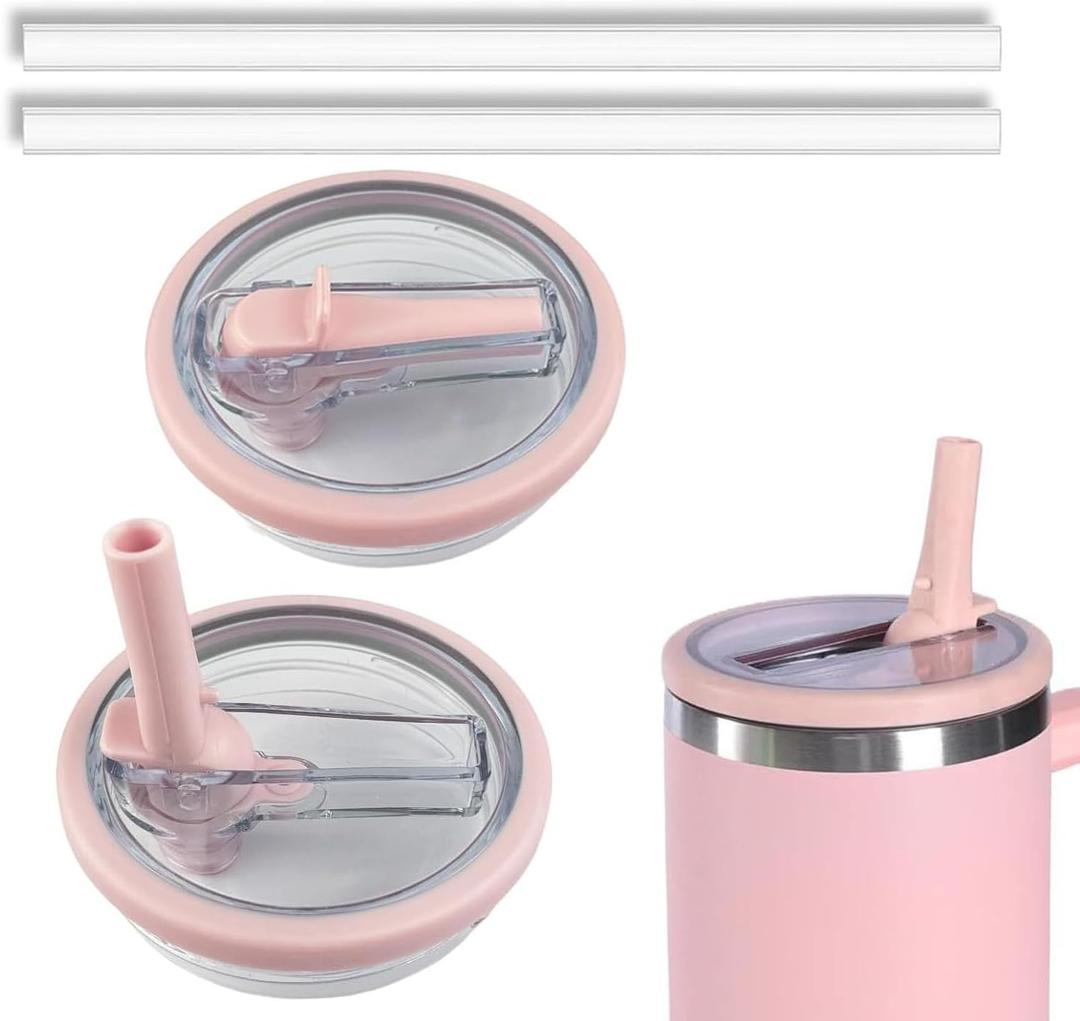 Pack of 2 40 oz Tumbler Flip Straw Lid Replacement Compatible for Stanley Quencher, Leak-Proof Splash Resistant Tumbler Lids, Reusable Tumbler Cover for Stanley Cup (Light Pink)