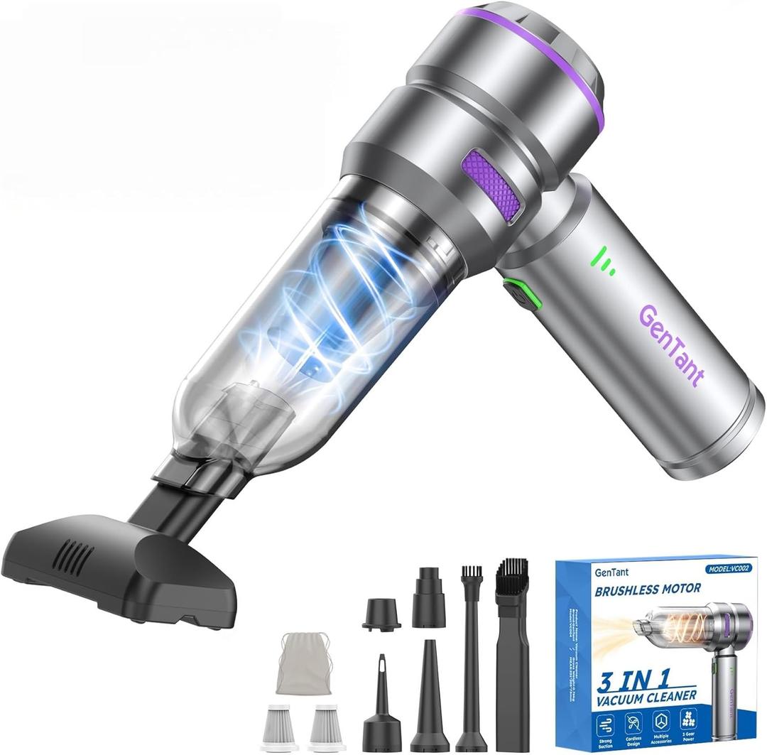 Car Vacuum Portable Cordless, 18000PA Handheld Vacuum Cordless, High Power Air Duster with Brushless Motor, Type-C Charge, 3 in 1 Mini Vacuum Cleaner for Car, Home, Office, Pet Hair