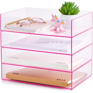 Harloon 4 Tier Paper Organizer Letter Tray Pink Acrylic Desk File Organizer Heavy Duty Stackable Documents Clear Letter Paper Holder Office Tray for A4, Office Classroom Home File Pad Notebooks