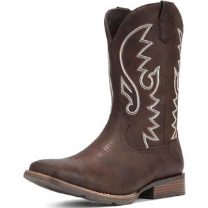 IUV Cowboy Boots For Men with Wide Square Toe Western Retro Boot Durable Classic Fashionable Embroidered Pull On Slip Resistant Boots (9.5, Khaki)