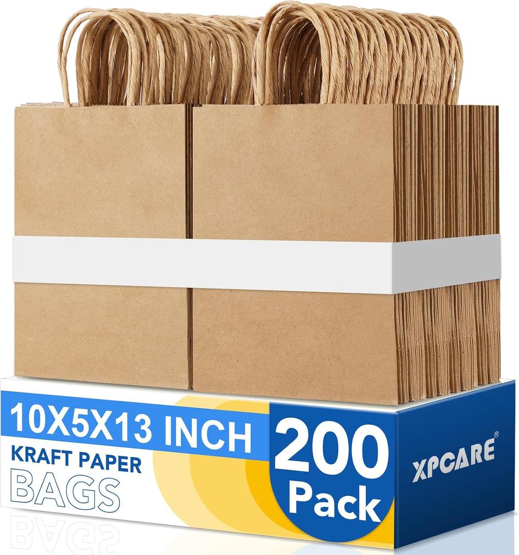 XPCARE Large Brown Paper Bags, 200 Pcs 10x5x13 Paper Gift Bags with Handles, 1 Count