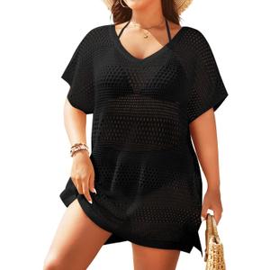 Yonique Plus Size Swimsuit Cover Up - Crochet Swim Cover Up 2025 Bathing Suit Short Sleeve Beach Dress (Black), Size 20W