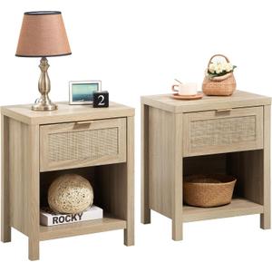 SICOTAS Rattan Nightstands Set of 2, Farmhouse Night Stand Bedside Table with Drawer and Storage Shelf - Boho End Side Table for Bedroom, Light Oak