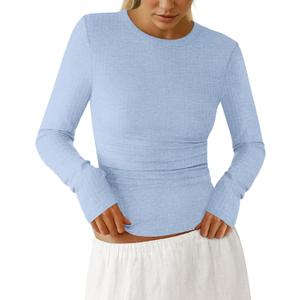 PRETTYGARDEN Womens Long Sleeve Shirts 2026 Ribbed Knit Slim Fitted Basic Tee Casual Going Out Tops Underscrubs Fall Clothing (Blue, S)