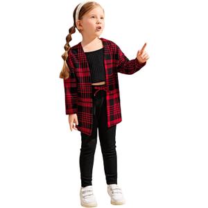 WDIRARA Toddler Girl's 3 Pieces Plaid Open Front Top and and Cami and Leggings Set Black and Red 5Y