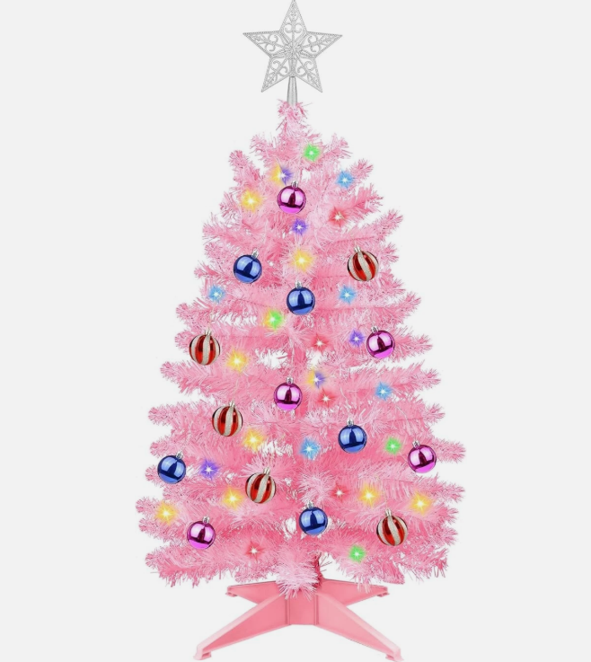 3Ft Christmas Tree with Lights, Table Christmas Tree with 50 LED 12 Modes, 3D Star, 15 Hanging Ball Ornaments, Small Prelit Xmas Tree for Tabletop, Home and Office (Pink)