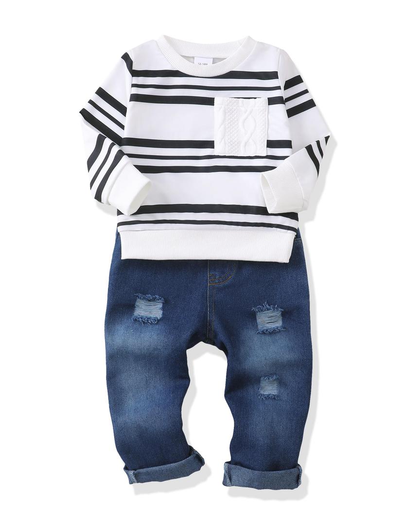 XUANHAO 4T 5T Boy Clothes Winter Kids Outfits for Boys Fall Clothing Long Sleeve Crew Neck Pullover Denim Pant Sets Stripe Sweatshirt Ripped Jeans Boys Clothes Size 4-5T