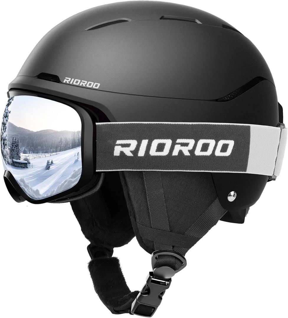 Ski Helmet and Goggles Set, Snowboard Helmet Goggles for Men, Women & Youth, Shockproof Snow Helmet Anti Fog OTG Snow Goggles for Skiing Snowboarding (Medium, Black)