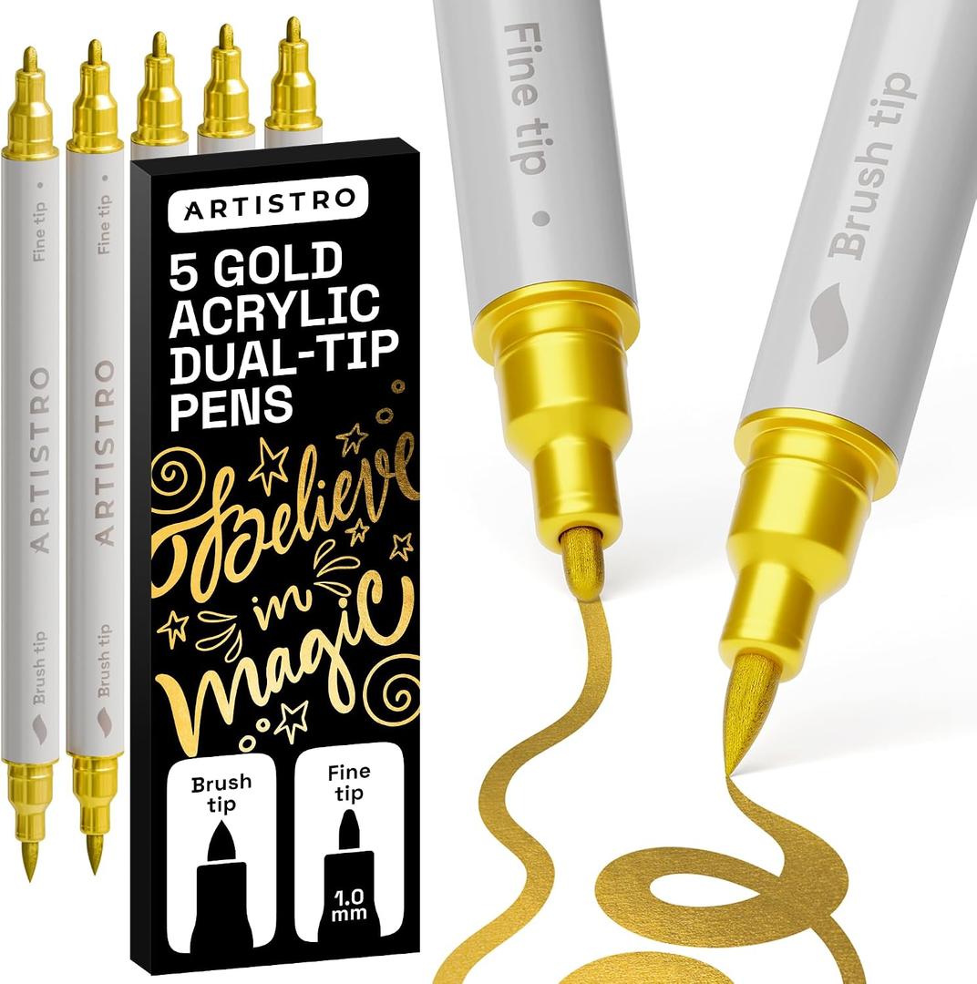 ARTISTRO 5 Gold Acrylic Paint Markers - Paint Pens for Drawing, Brush + Fine Tips - For Fabric, Rock, Glass, Wood, DIY - Art & Craft Supplies for Adults, Teens, Kids - Teacher Appreciation Gift