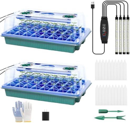 joyhalo Seed Starter Tray with Grow Light, 2 Pack 80 Cells, Thicken Plant Starter Kit with Humidity Dome, Adjustable Brightness Germination Kit, Indoor Gardening Plant Trays for Seeds Growing
