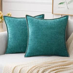 MIULEE Pack of 2 Couch Throw Pillow Covers 18x18 Inch Coastal Teal Farmhouse Decorative Pillow Covers with Stitched Edge Soft Chenille Solid Dyed Spring Pillow Covers for Sofa Bed Living Room