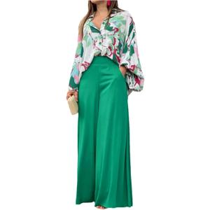 ThusFar Women Casual Two Piece Floral Outfits Oversized Button Down Shirt Blouse and Long Wide Leg Palazzo Pants Set Jumpsuit, L