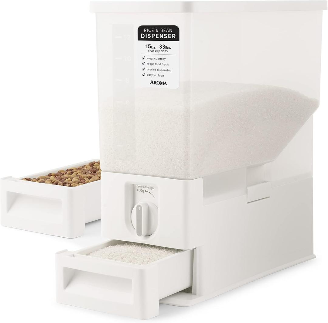 AROMA XL 33-Pound Rice Dispenser and Countertop Beans or Grain Storage Bin with Automatic Measuring Funnel (ARD-133)