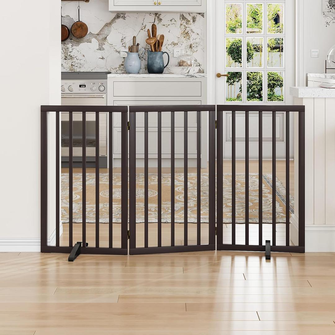 Dog Gate for Doorways 32" Tall Freestanding Dog Gate for Stair Foldable Pet Gate for Dogs Indoor (Brown,3 Panel)