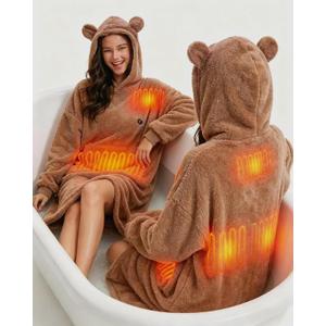 Oversized Heated Wearable Blanket, Battery Powered Fleece Hoodie Robe 7.4V 16000mAh 167F Overheat Protection, 54×28"