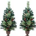 2 Pack Christmas Tree,3FT Artificial Christmas Entrance Tree with Ornaments and Lights Battery Oprated, Mini Xmas Trees for Front Door, Pathway, Tabletop, Entryway, Entrance Christmas Decorations