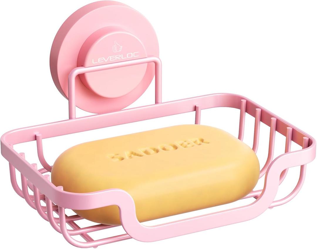 LEVERLOC Soap Dish, Soap Bar Holder for Shower Suction Cup Wall Mounted, Stainless Steel No-Drilling Removable Waterproof Sponge Holder for Bathroom Bathtub Kitchen Sink, Keep Dry, Pink (5.7" * 4.8")